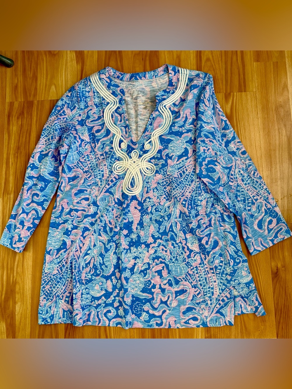 Lilly Pulitzer Blue & Pink Tunic with Embroidered Neck